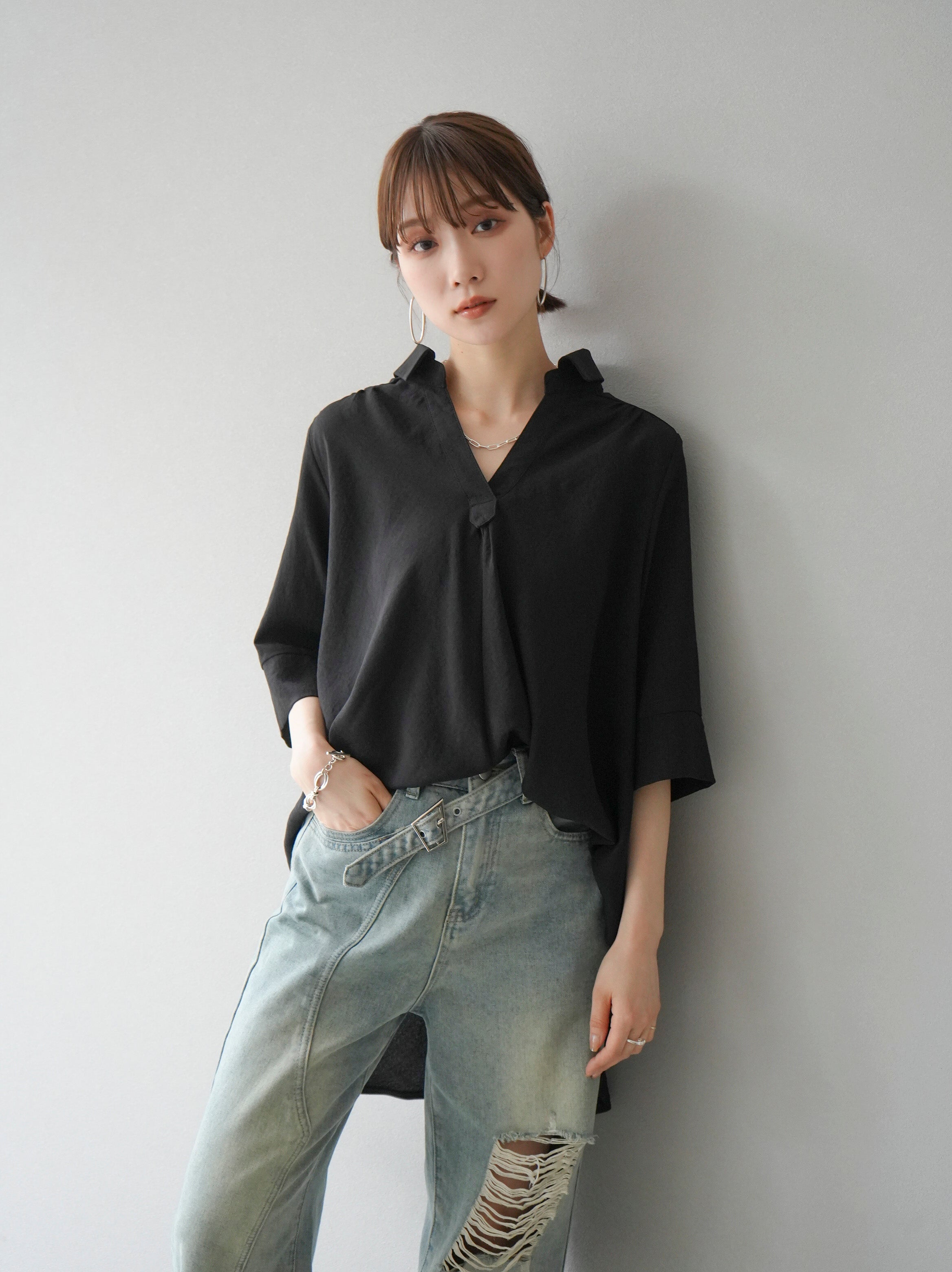 Pre-order] Linen Touch Half Sleeve Skipper Shirt/Black – Lumier