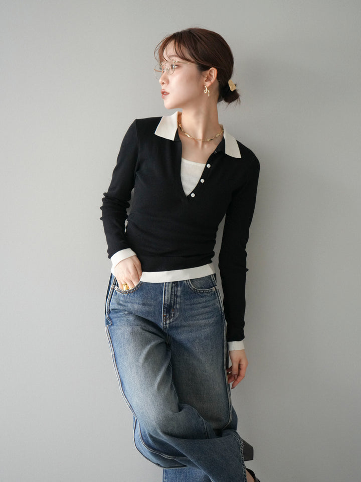 [予約]レイヤード配色ポロニットトップス/black