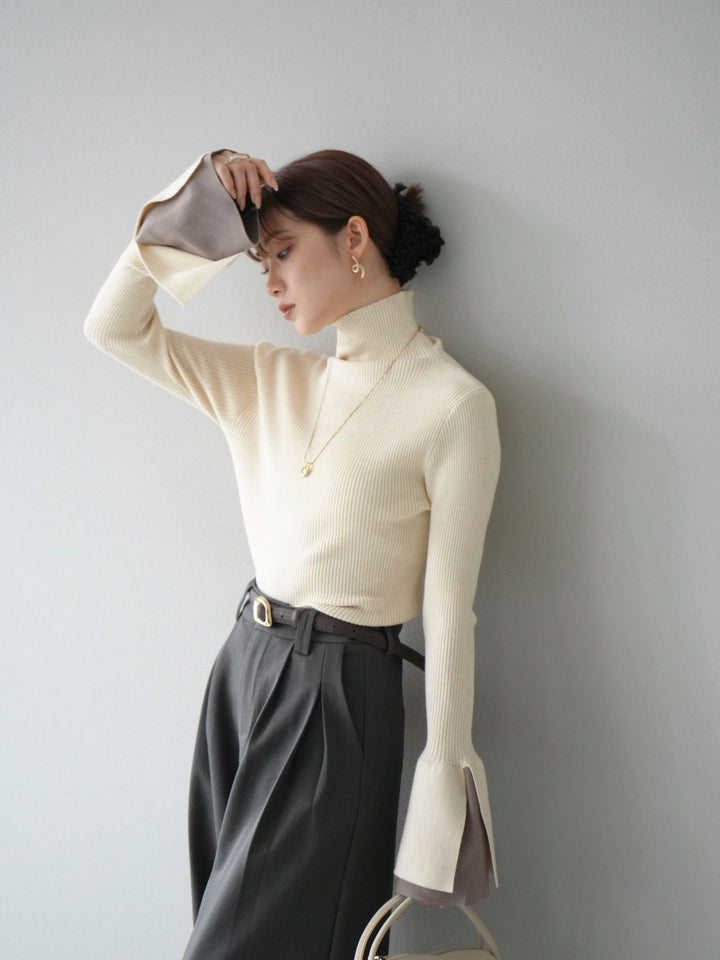 [SET] 疊層喇叭袖高領針織上衣 + 雙褶寬褲 (2 套)