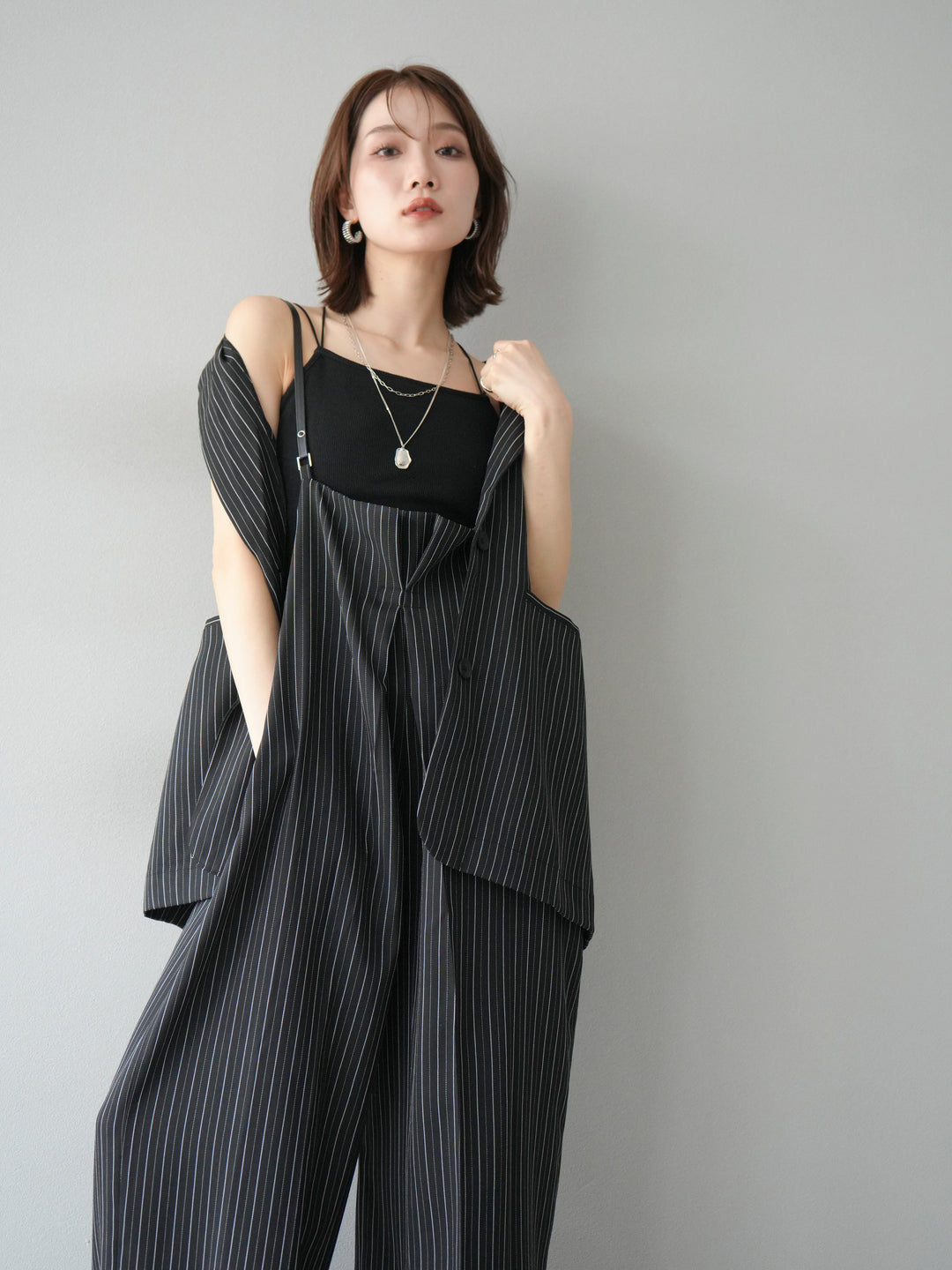 [SET]ヘリンボーンストライプジレ+ヘリンボーンストライプサロペット(2set)