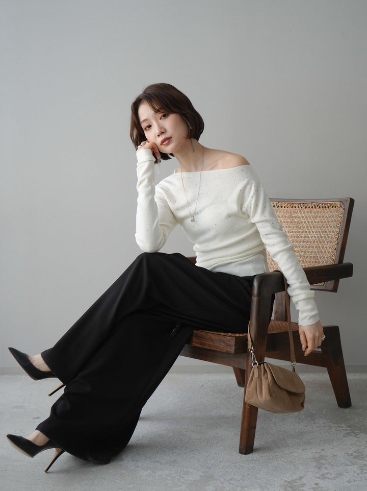 [予約]ラインストーンアシンメトリーニットトップス/ivory