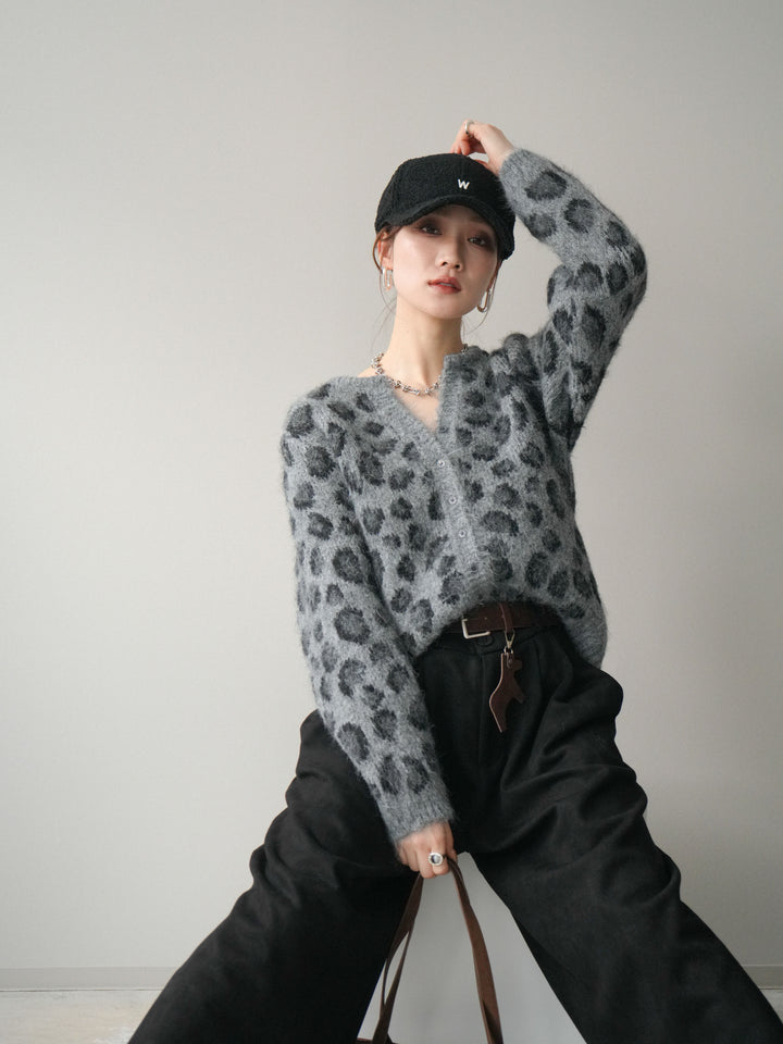 [SET]モヘアタッチレオパード柄ニットカーディガン+モチーフベルト付スエードタックワイドパンツ(2set)