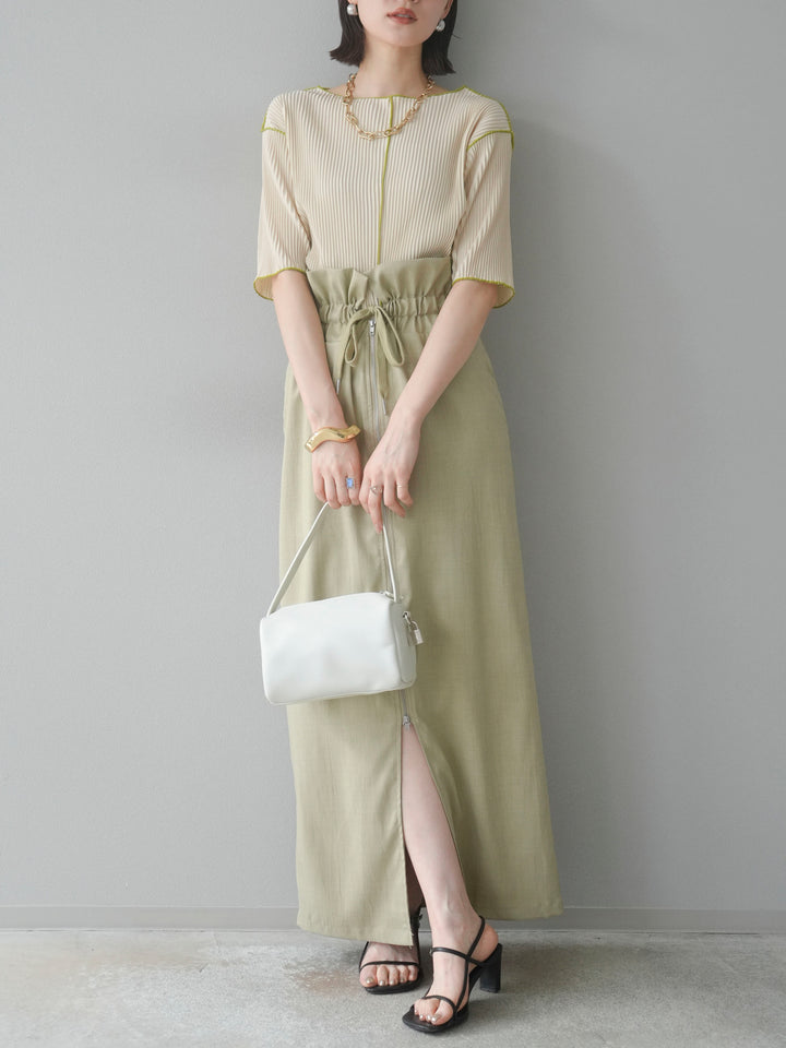 【SET】配色褶皺半袖上衣 + 配色褶皺半袖上衣 (2 件套)