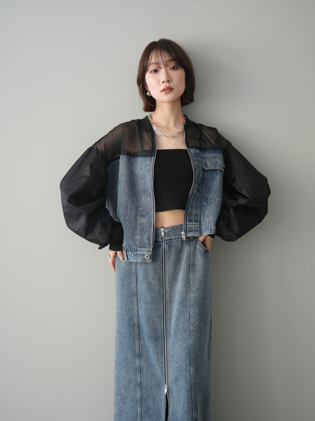 [SET]異素材デニムブルゾン+フロントジップデニムスカート(2set)
