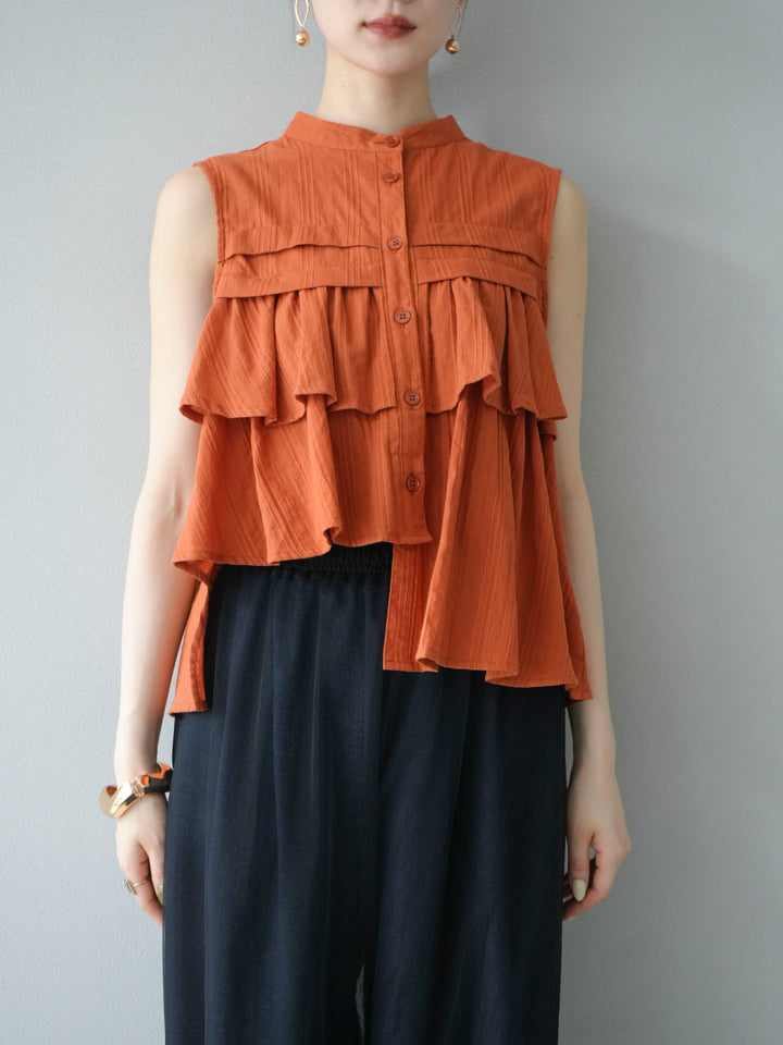 [予約]ドビーストライプアシンメトリーフリルノースリブラウス/テラコッタ