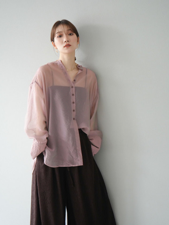 [SET] 亮面透視立領襯衫 + 柳葉寬褲 (2set)