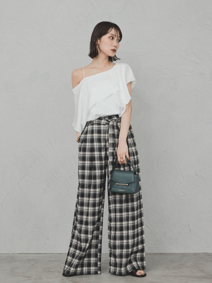 [SET]ワンショルラッフルブラウス+チェック柄ワイドパンツ(2set)