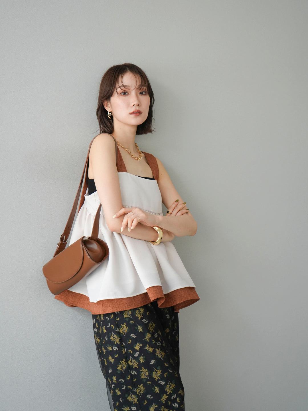 [SET]リネンライク配色フレアタンクトップ+ブーケプリントタックパンツ(2set)