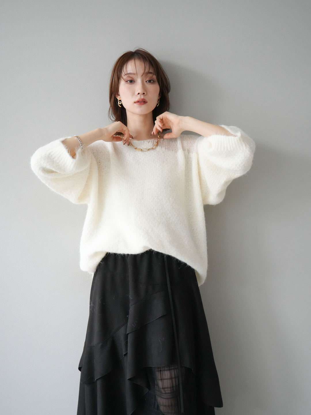 [予約]ネック透かし編みニットプルオーバー/ホワイト