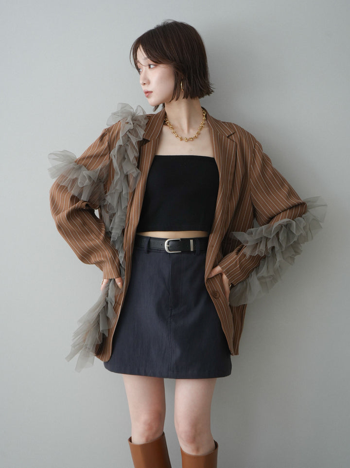 [予約]アシンメトリーチュールストライプジャケット/goldbrown