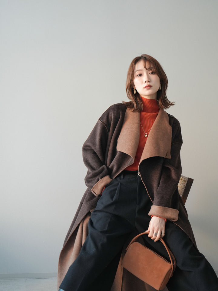 [予約]ダブルフェイスバイカラーロングコート/brown