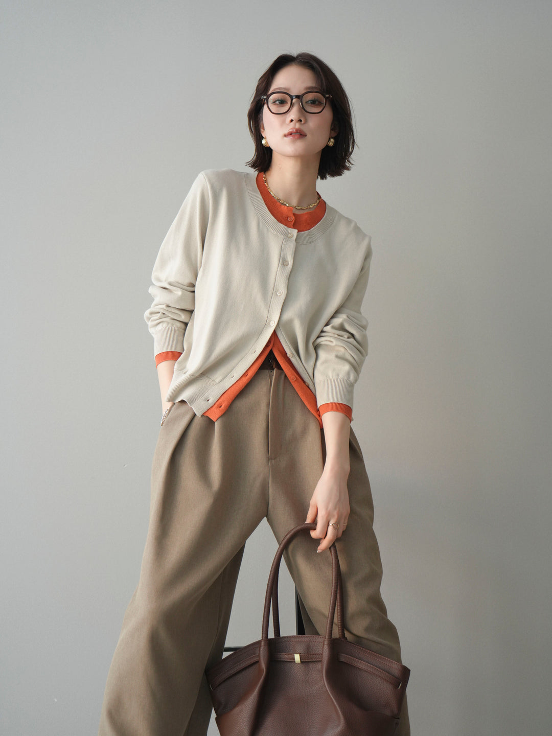 [予約]配色レイヤードコットンアクリルニットカーディガン/ivory