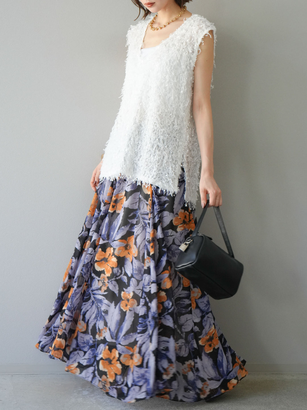 [予約]フラワープリントボリュームフレアスカート/ブラック