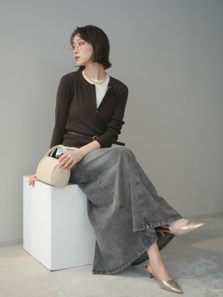 [予約]フロントジップ配色レイヤードニットトップス/choco