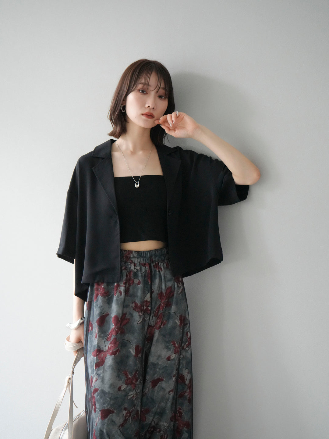 [SET]ハーフショートジャケット+フラワープリントチュールレイヤードパンツ(2set)