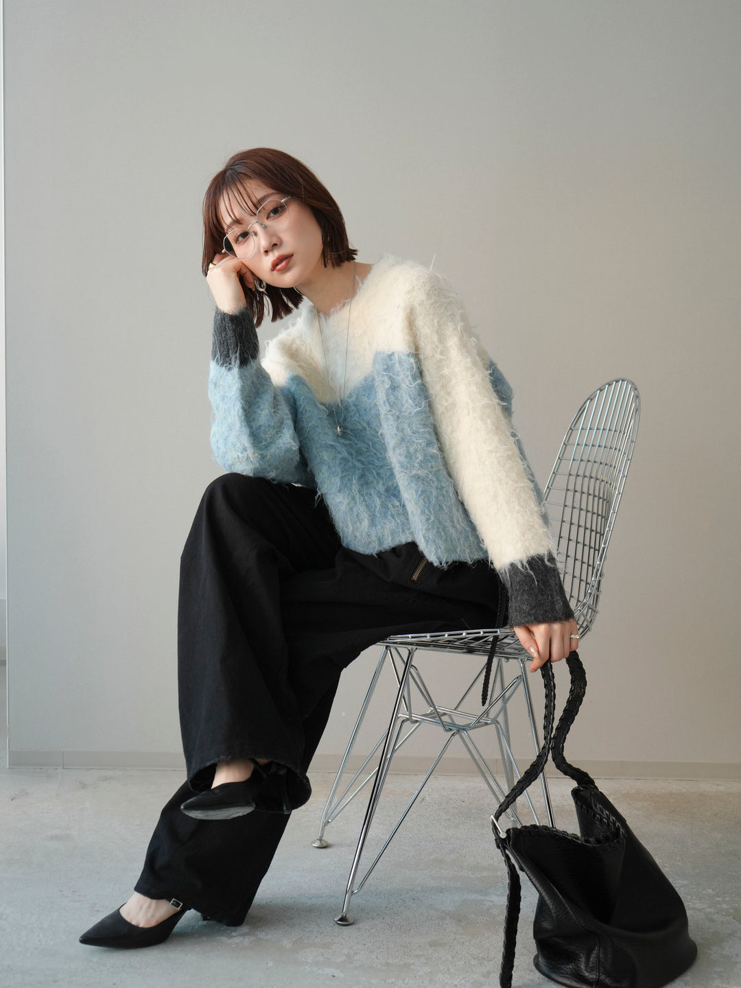 [SET]バイカラーモヘアタッチニットプルオーバー+コットンタックループパンツ(2set)