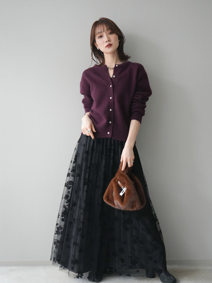 [SET]アンティークボタンニットカーディガン+フラワーフロッキーチュールプリーツスカート(2set)