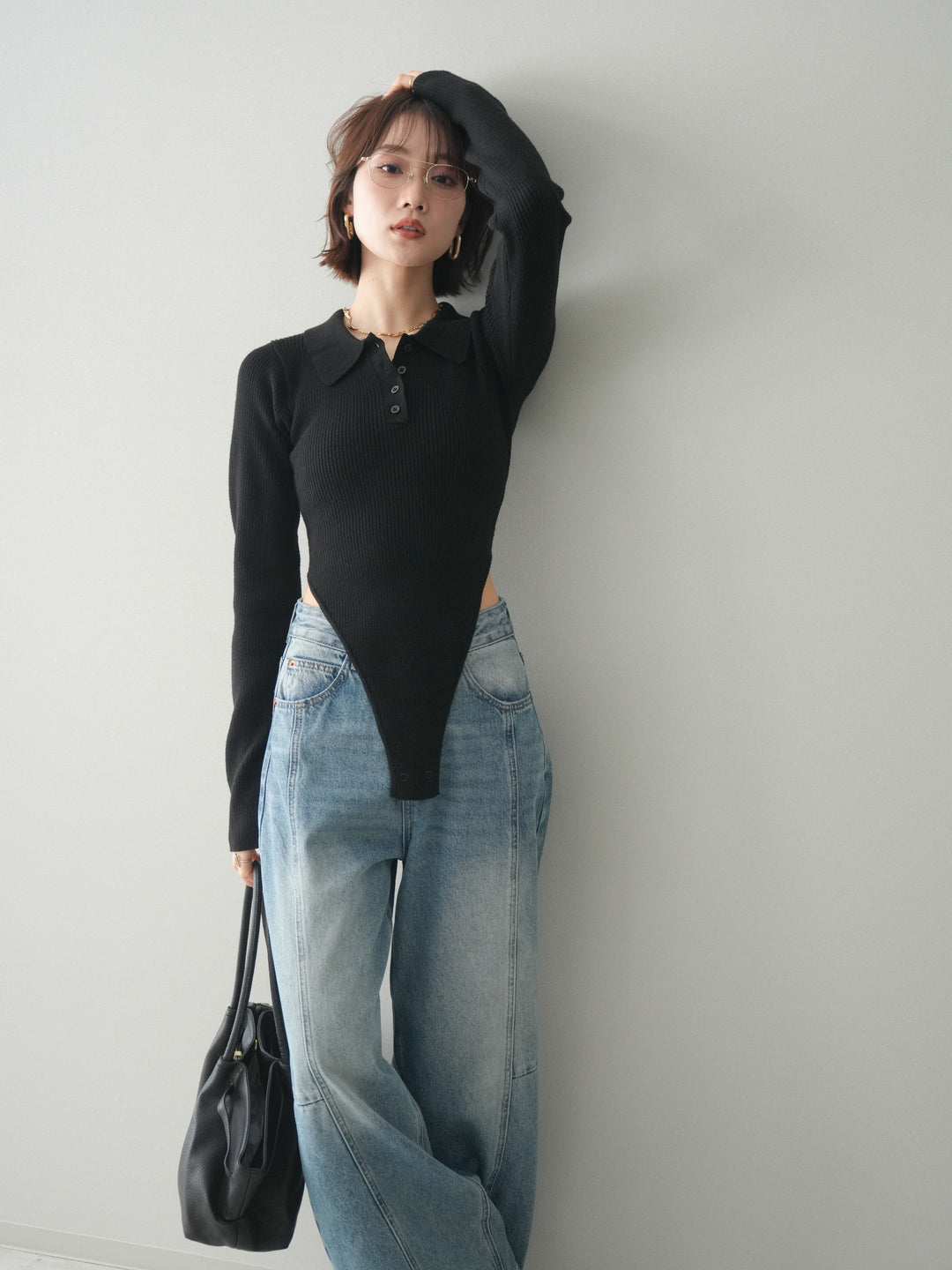 [予約]リブポロニットボディスーツ/black