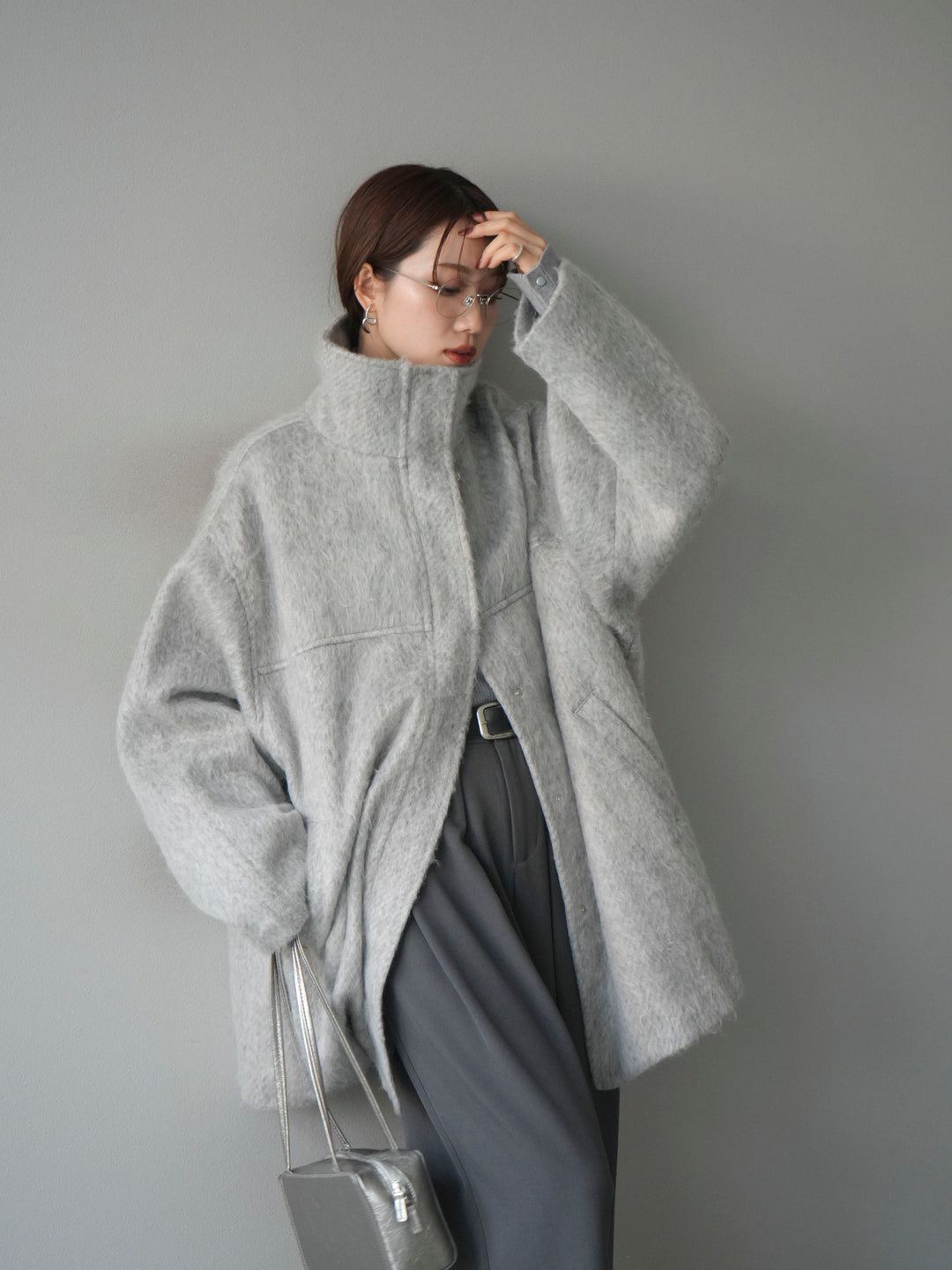 [予約]スタンドカラーシャギーコート/mokugray