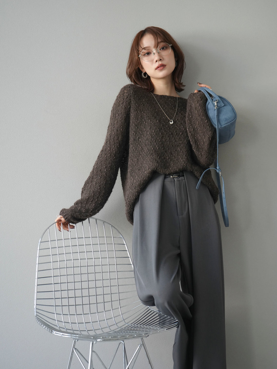 【着回しセット】[SET]求心柄クロップドニットカーディガン+異素材ミックスヤーンニットプルオーバー+ベルトループデザインワイドパンツ(3set)