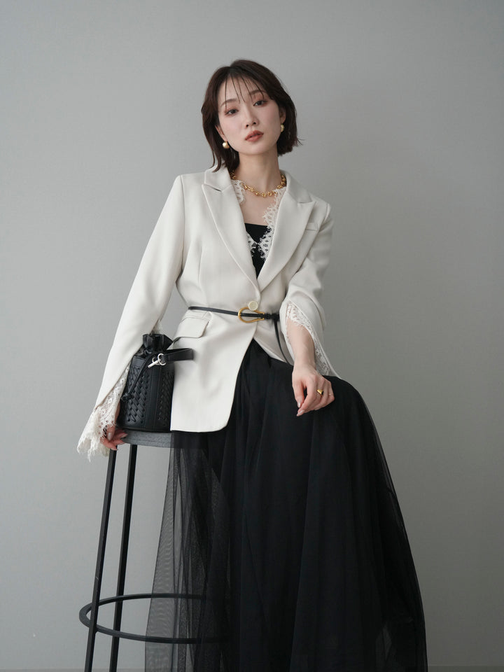 [SET]レースレイヤードスリットジャケット+チュールボリュームスカート(2set)