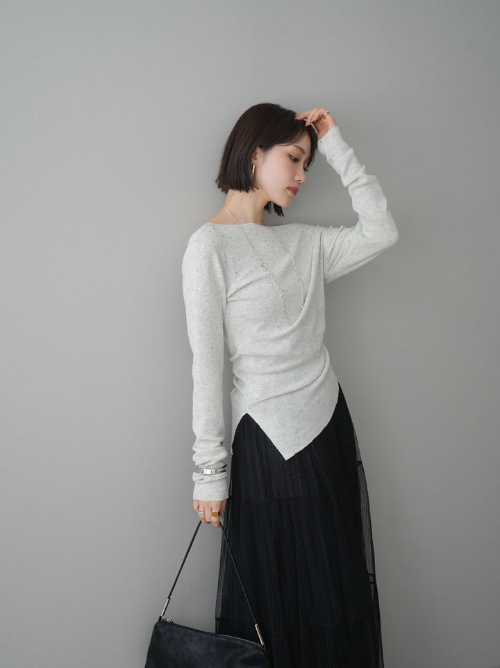 [予約]ラインストーンアシンメトリーニットトップス/gray