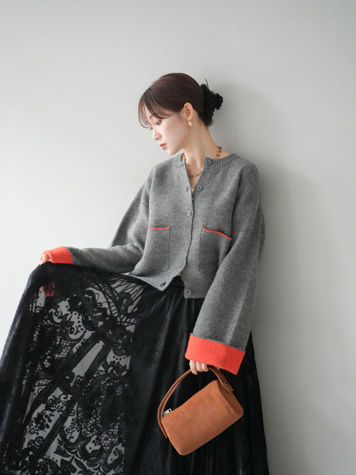 [SET]バイカラーオーバーニットカーディガン+アンティーク柄フロッキーマキシスカート(2set)