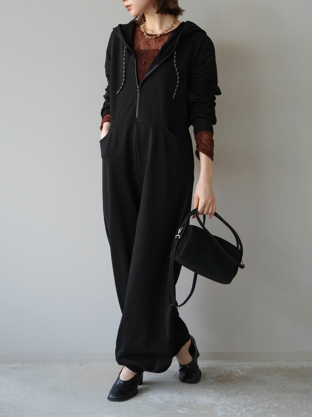 [予約]ミニ裏毛フーディージャンプスーツ/ブラック