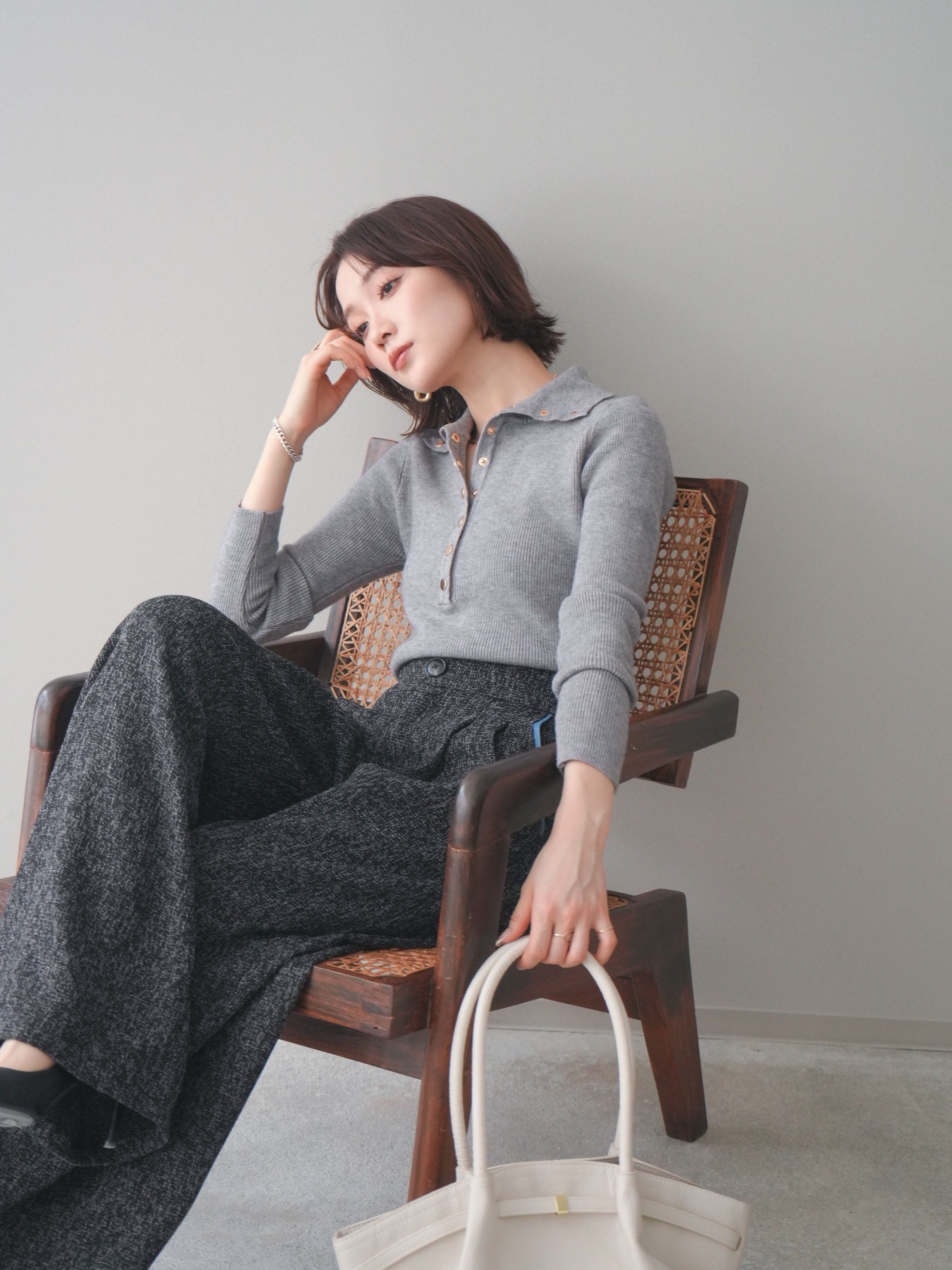 SET]ゴールドボタンニュアンスタートルリブニットトップス+異素材