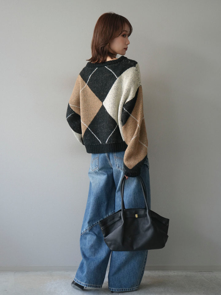 [SET]配色ステッチアーガイル柄ニットプルオーバー+ペインターカーブデニムパンツ(2set)