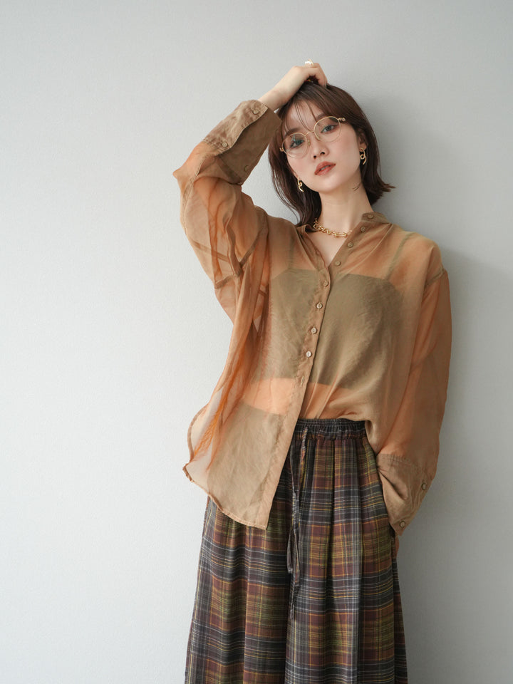 [SET] 亮面透視立領襯衫 + 透視格紋寬鬆褲 (2 件套)