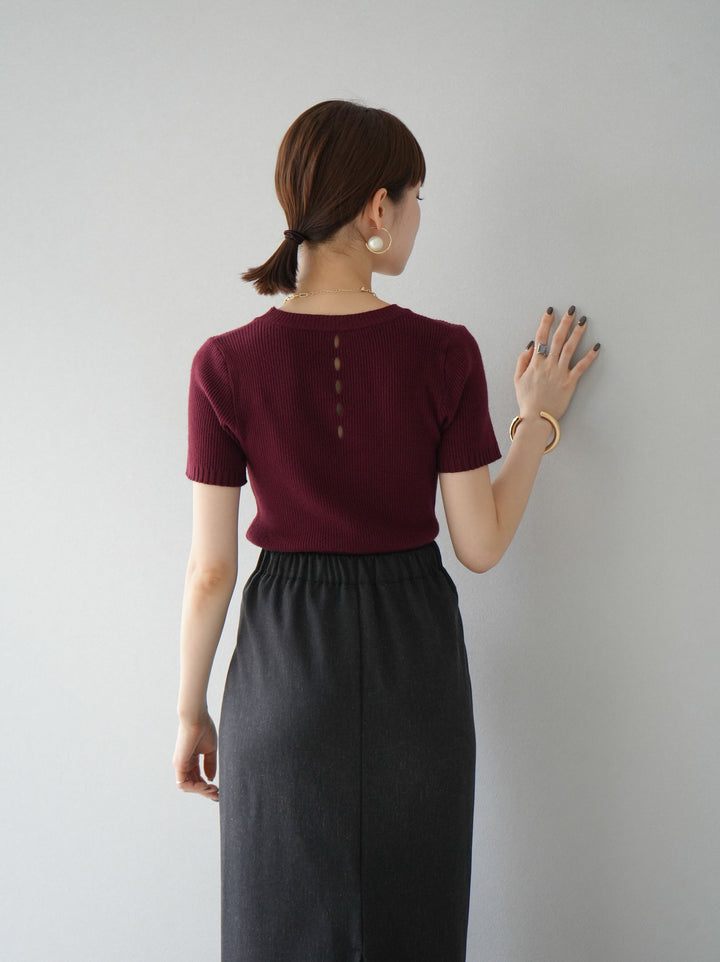 [予約]バックホールハーフスリーブリブニットトップス/ボルドー
