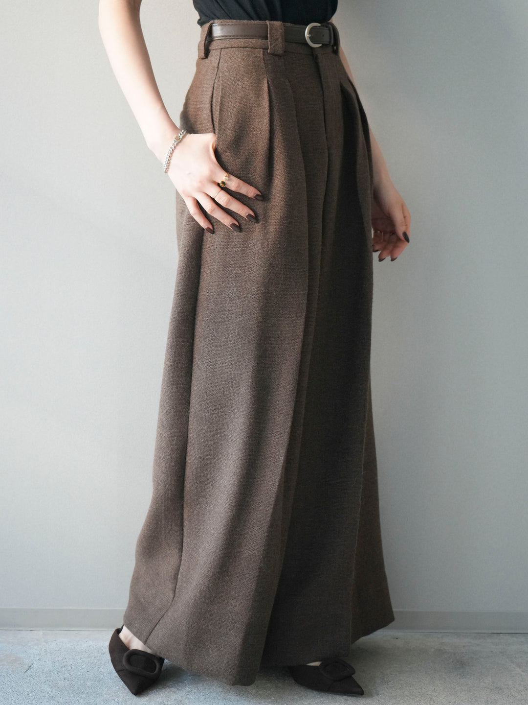 [予約]ウールタッチベルト付ワイドパンツ/brown