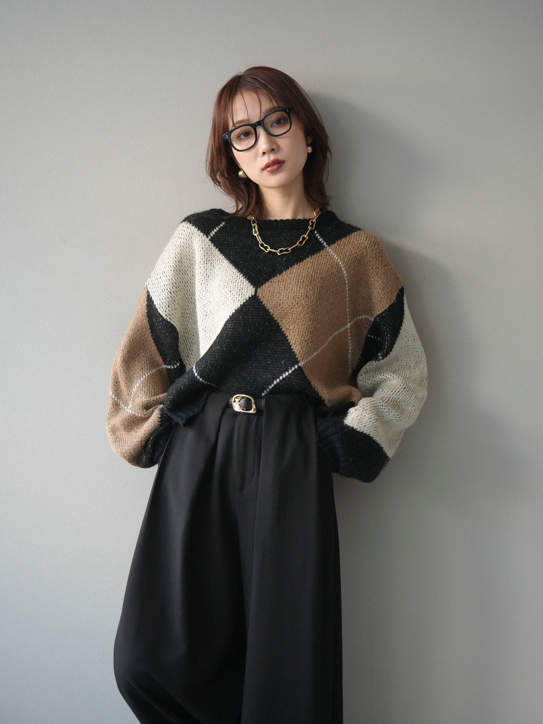[SET]配色ステッチアーガイル柄ニットプルオーバー+選べるアクセセット(2set)