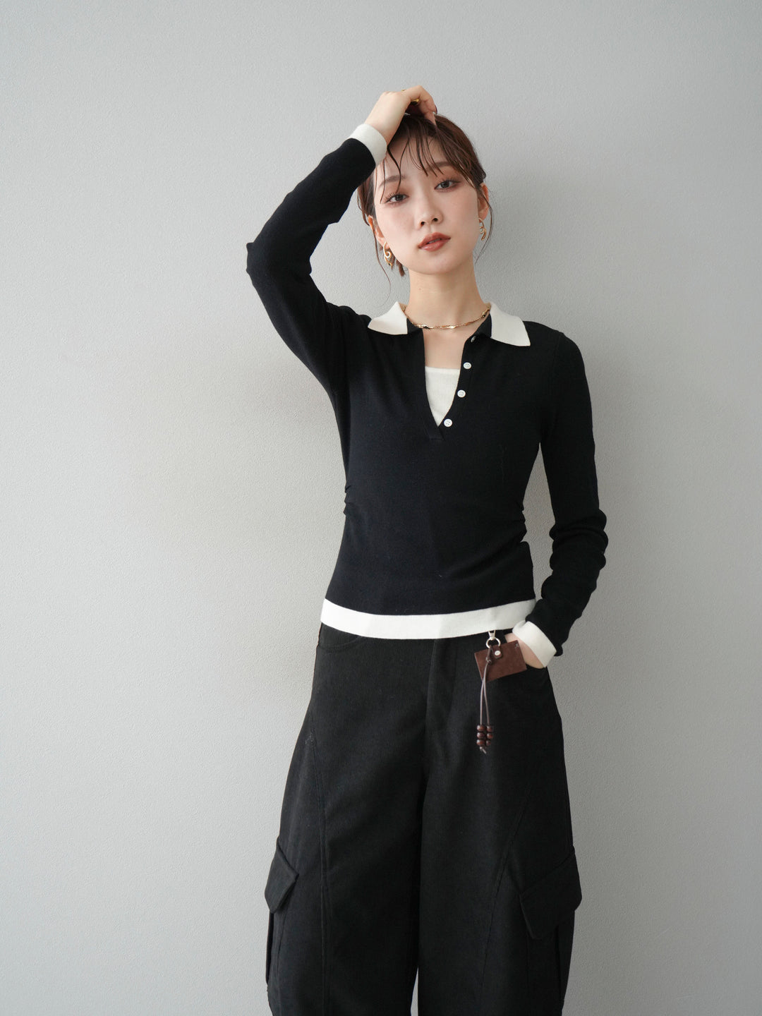 [予約]レイヤード配色ポロニットトップス/black
