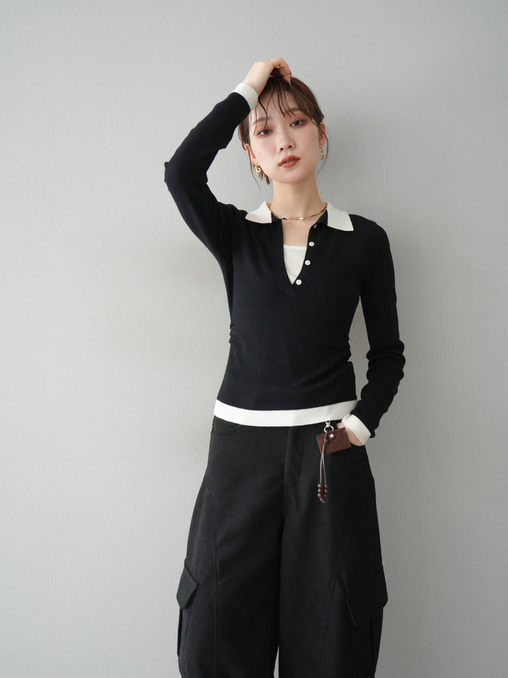 [予約]レイヤード配色ポロニットトップス/black
