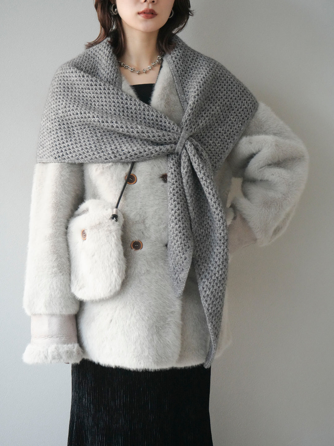 [予約]バッグ付エコファーノーカラーコート/gray