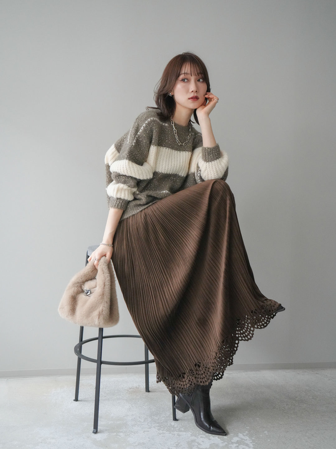 [予約]ネップヤーンボーダーニットプルオーバー/mocha