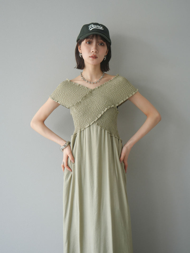 [予約]シャーリングクロスワンピース/グレージュ