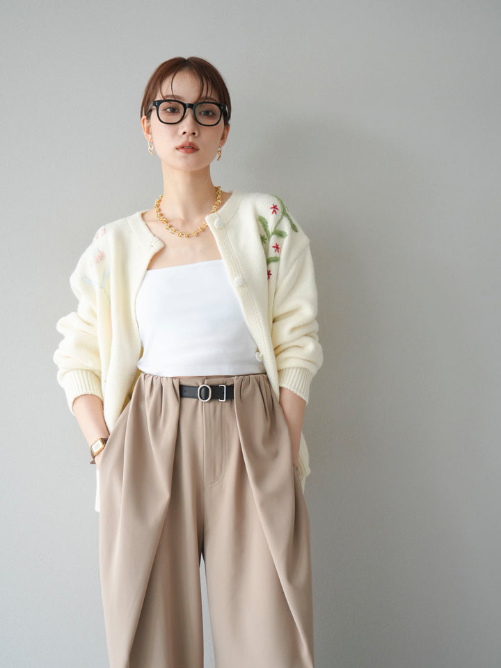 [SET]フラワー刺繍ニットカーディガン+ベルト付タックワイドパンツ(2set)