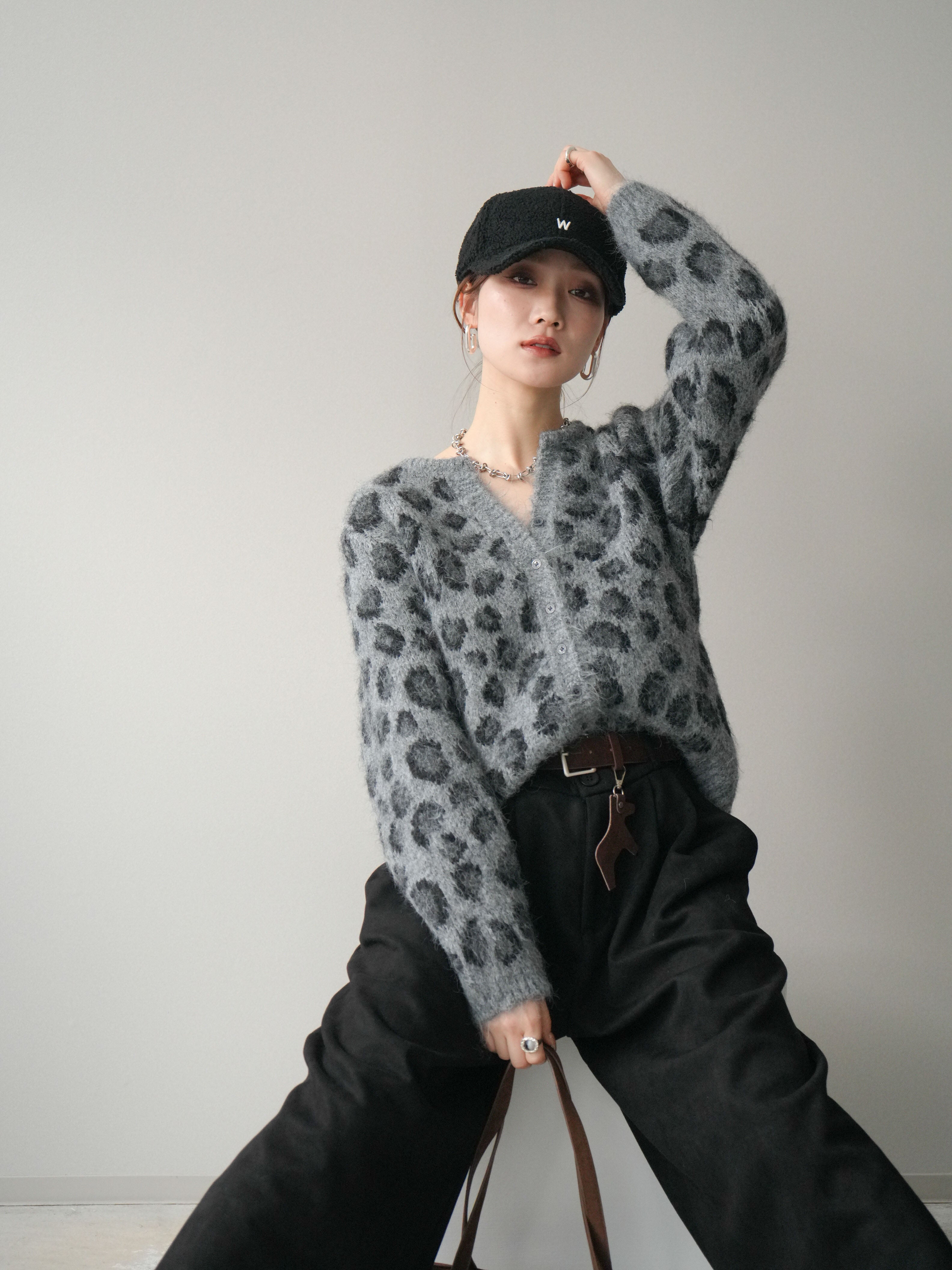 予約]モヘアタッチレオパード柄ニットカーディガン/gray – Lumier