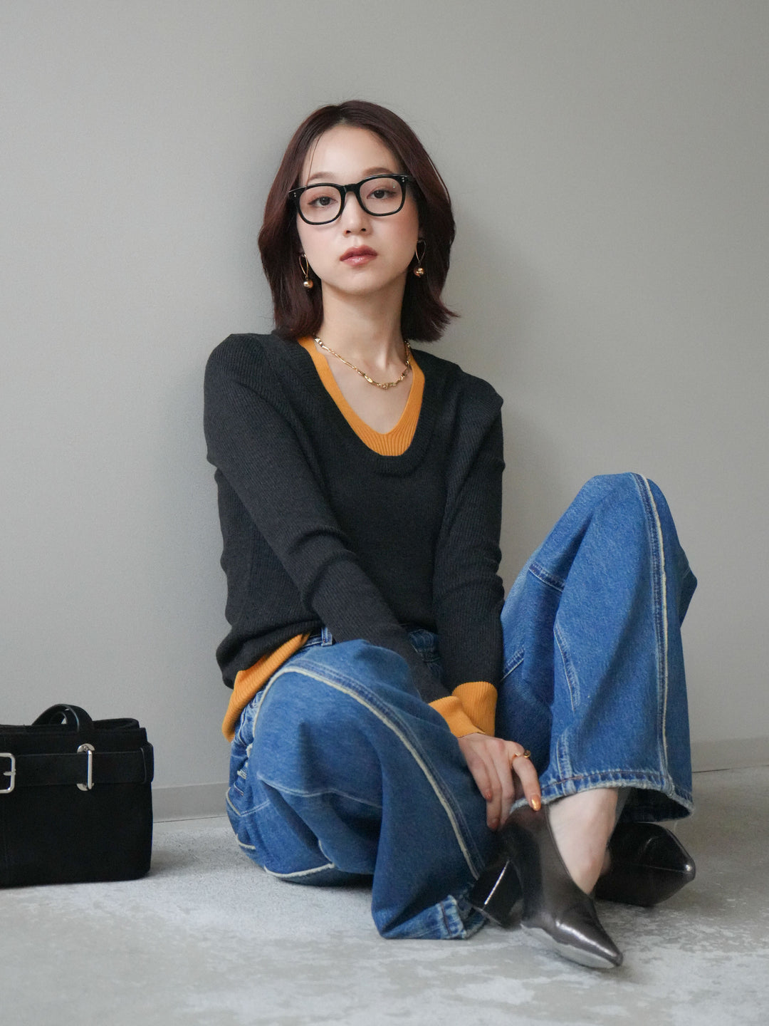 [SET]Uネック配色レイヤードリブニットトップス+サイドフリンジワイドデニムパンツ(2set)