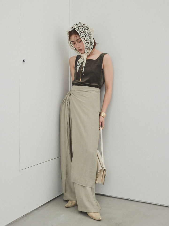 [SET]スクエアベロアタンクトップ+ワッシャーサテンレイヤードスカートパンツ(2set)