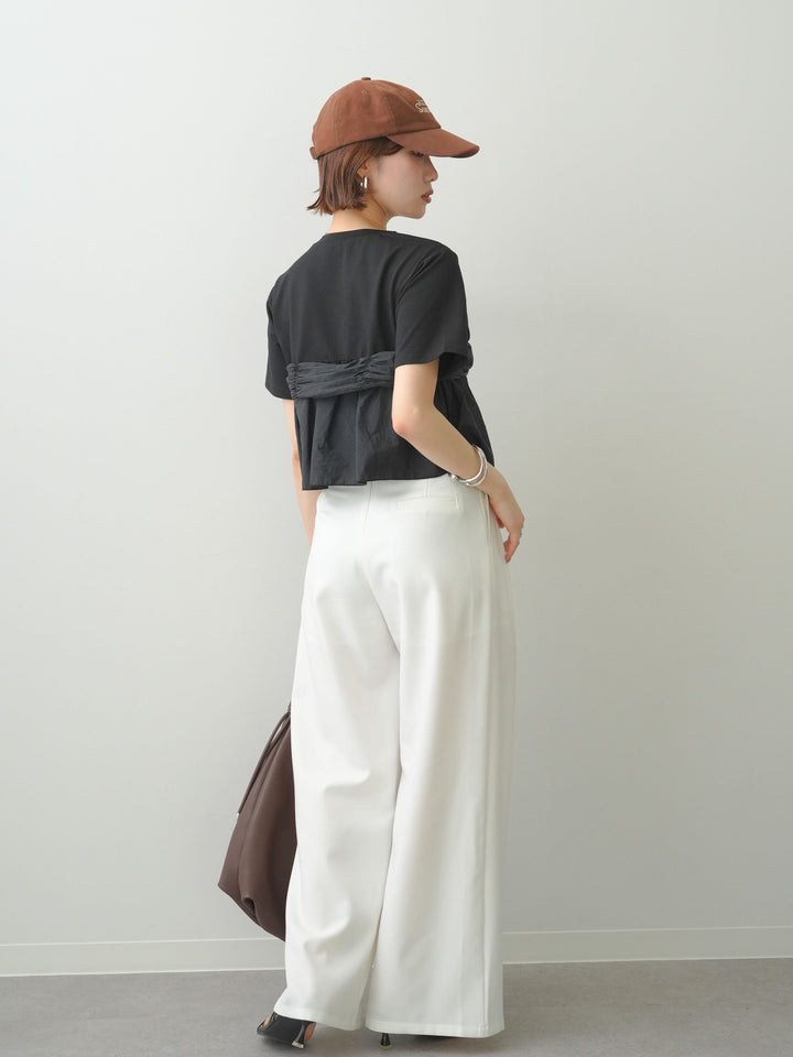 [SET]ナイロンドッキングツイストTEE +アシンメトリーベルトタックワイドパンツ(2set)