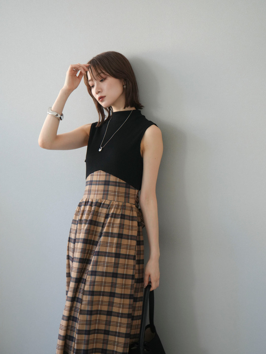 [SET]テレコ×チェックドッキングノースリワンピース+選べるアクセセット(2set)