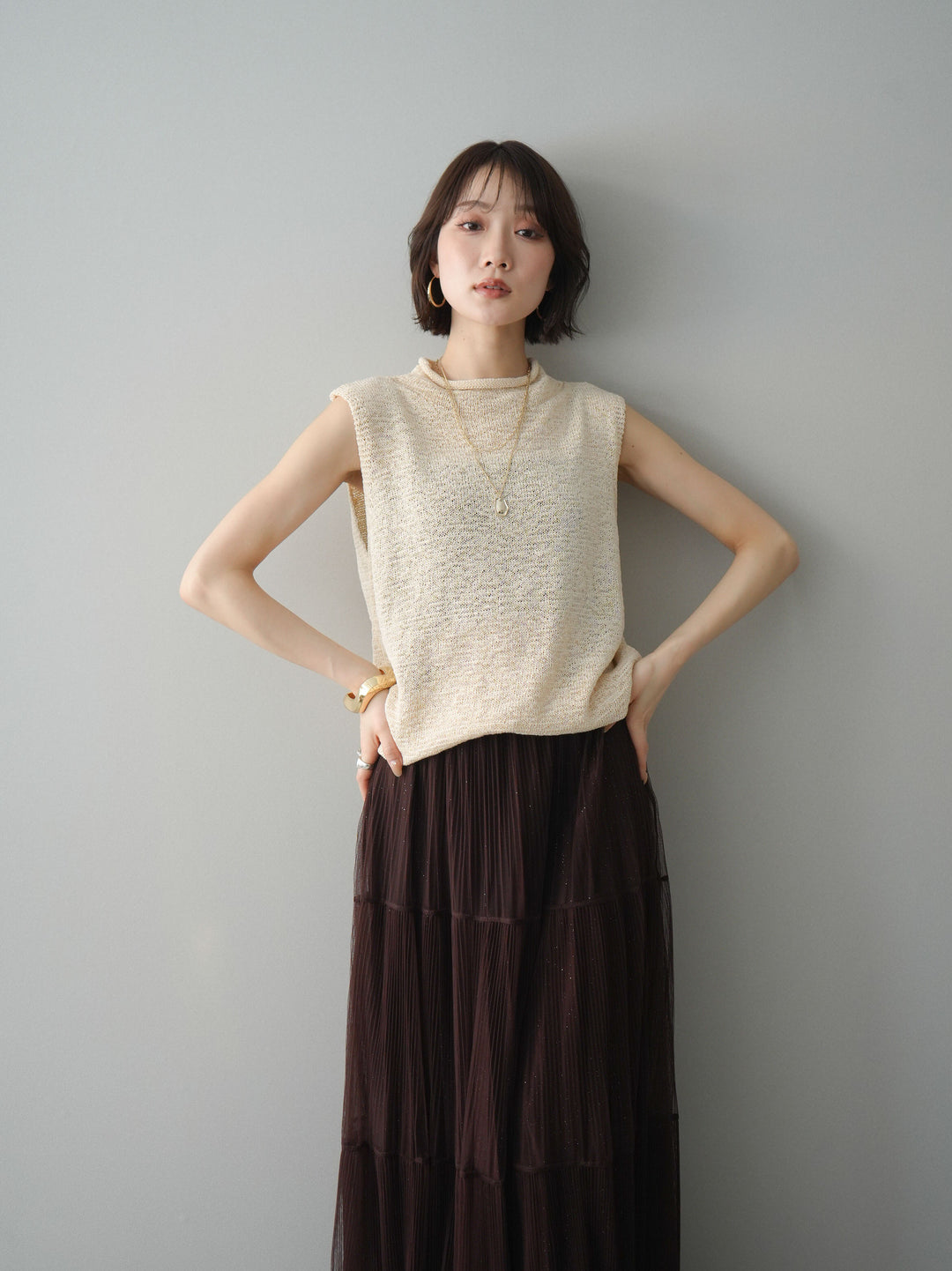 [予約]ノースリーブリネンタッチシアーニットプルオーバー/beige