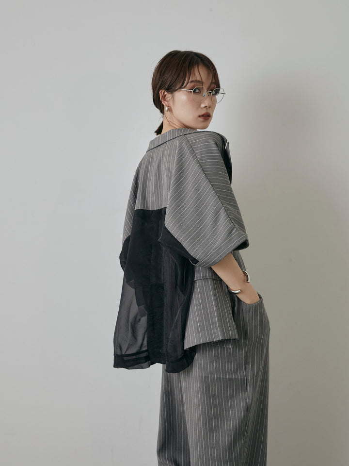 [予約]バックオーガンジーヘリンボーンストライプハーフジャケット/チャコール