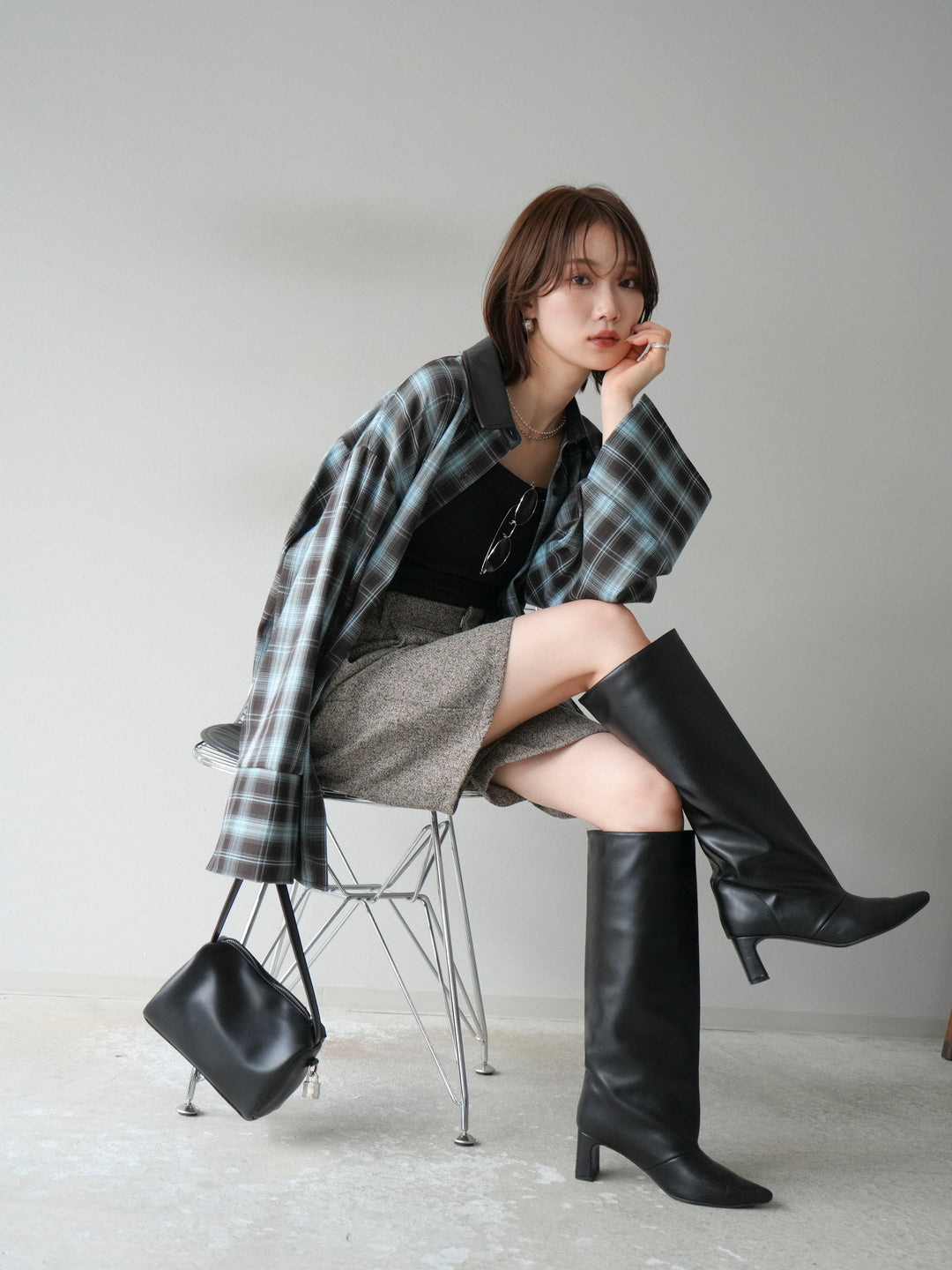 【着回しセット】[SET]レザー襟オンブレチェックオーバーシャツ +クラッシュベロアナロースカート+ツイードハーフパンツ(3set)