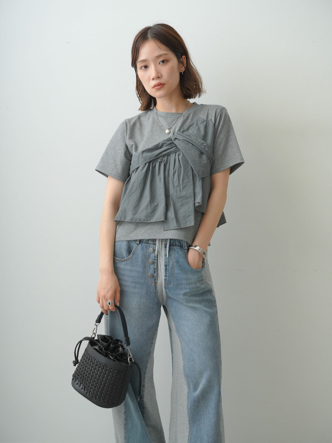 [SET]ナイロンドッキングツイストTEE +デニム切替スウェットパンツ(2set)