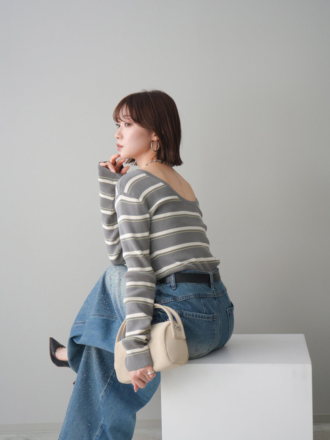 [予約]バックオープンテレコリブマルチボーダートップス/gray